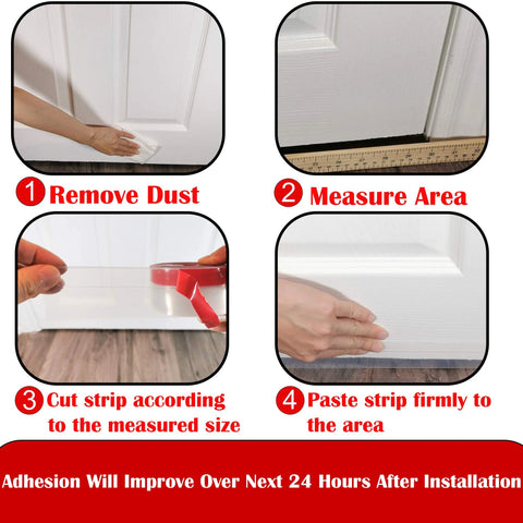 Brandzini clear door weather stripping tape; 4 steps: remove dust, measure area, cut, paste; transparent silicone strip