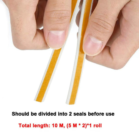 Weather stripping seal tape, white D-type foam with orange core, self-adhesive for doors/windows; two 5 m strips.
