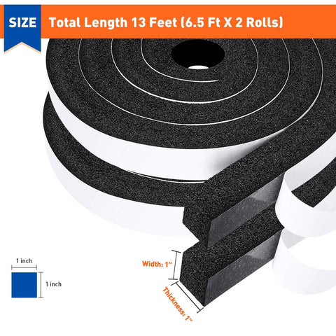 MAGZO weather stripping door seal, adhesive-backed black foam, 1 in by 1 in cross-section, two rolls (13 ft total).