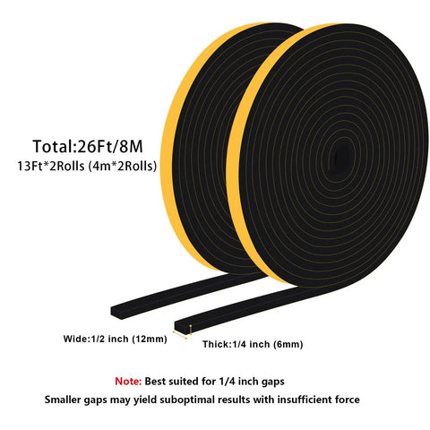 Trisiki weather stripping door seal foam tape, 1/2 in wide, 1/4 in thick, black with yellow backing, 2 rolls (26 ft/8 m) for doors/windows