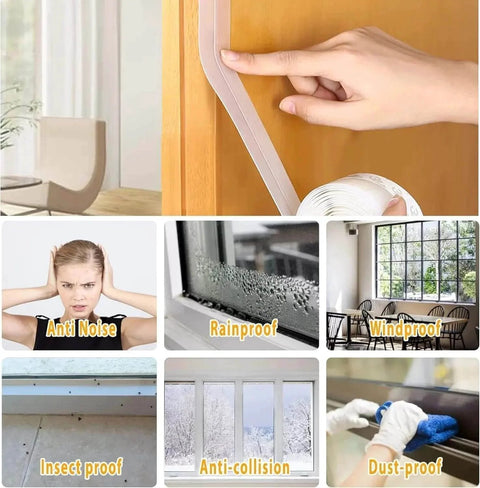 28.9 Ft Weather Stripping Door Seal Strip Tape,Silicone Draft Stopper applied to a door, showcasing noise, rain, and dust proof features