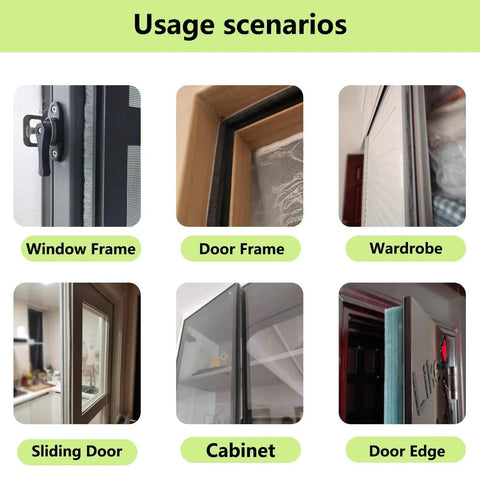 Image showing Thick Self Adhesive Brush Weather Stripping For Windows And Doors 0.9 Inch Brush Height By 0.4 Inch Backing Width 33 Feet Length Grey Sliding Seal Strip Window Felt Dust Stopper Draft Blocker Insulation And Winter Weatherproofing usage scenarios on window frame, door frame, wardrobe, sliding door, cabinet, and door edge.