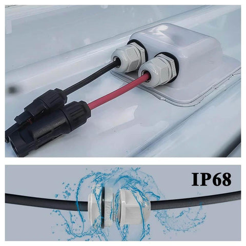 Weatherproof ABS Cable Entry Gland For Solar Projects All Cable Types 2mm2 To 6mm2 Dia, Perfect For RV Campervan Boat Setups, PG7 Waterproof Gland For Solar Panel Cables, Aerial, Satellite, Lighting, DC Power, And More installed setup.