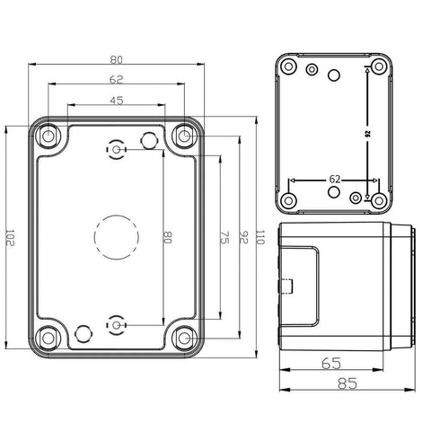 Technical drawing of Weatherproof Outdoor Electrical Box With Cover IP67 Dustproof Enclosure For Outdoor Use Universal Durable Cable Box Measures 4.33 Inch 3.15 Inch 3.35 Inch Includes Two NPT One Quarter Inch Glands Ideal For Wet Environments showing dimensions.