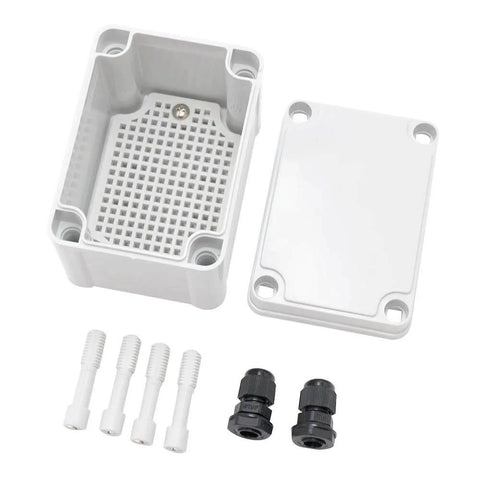 Weatherproof Outdoor Electrical Box With Cover IP67 Dustproof Enclosure For Outdoor Use Universal Durable Cable Box Measures 4.33 Inch 3.15 Inch 3.35 Inch Includes Two NPT One Quarter Inch Glands Ideal For Wet Environments shown open with glands and mounting accessories.