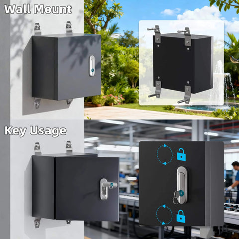 Weatherproof Outdoor Electrical Box 9.8 By 9.8 By 5.9 Inches Lockable Junction Enclosure, wall-mounted and lock usage view.