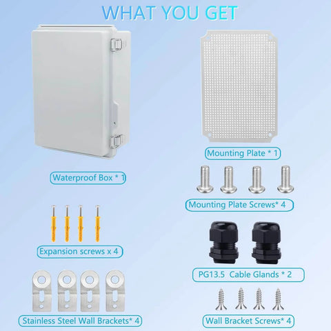 Outdoor Weatherproof Junction Box Built Tough For Real World Use IP67 Waterproof Electrical Enclosure with accessories shown