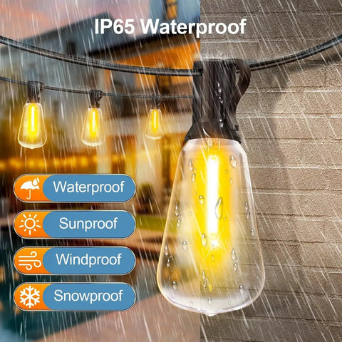 Brighten patios and yards with 100 ft weatherproof LED string lights, 37 ST38 bulbs, a warm 2700K glow, in rainy outdoor setting
