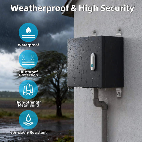 Weatherproof Outdoor Electrical Box 9.8 By 9.8 By 5.9 Inches Lockable Junction Enclosure installed on exterior wall.