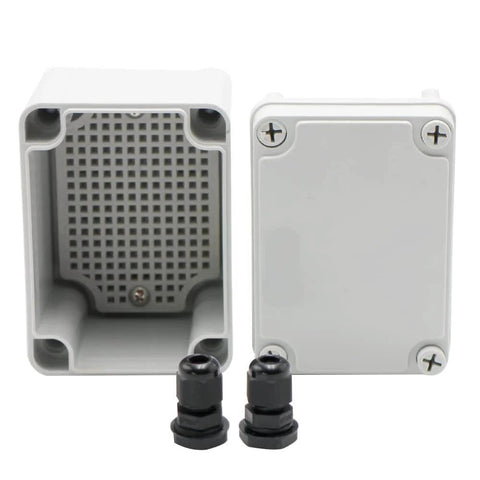 Weatherproof Outdoor Electrical Box With Cover IP67 Dustproof Enclosure For Outdoor Use Universal Durable Cable Box Measures 4.33 Inch 3.15 Inch 3.35 Inch Includes Two NPT One Quarter Inch Glands Ideal For Wet Environments with open and closed views showing included glands