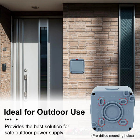 Installed Weatherproof Outdoor Light Switch 15A IP66 One Gang SPDT 110-250V shown on brick wall with highlighted features.