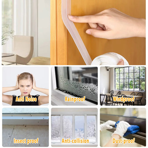 Door seal strip: transparent silicone weather stripping applied to a wooden door; self-adhesive draft stopper for doors and windows