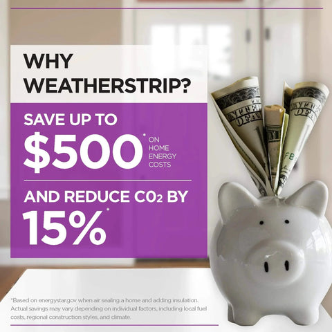 Piggy bank with rolled dollar bills, promoting energy savings and CO2 reduction with weatherstripping laid atop a wooden table.