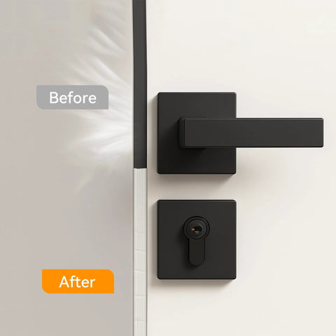 Foam wedge door weather seal strip, white, self-adhesive, installed on a white door with black hardware (before/after)