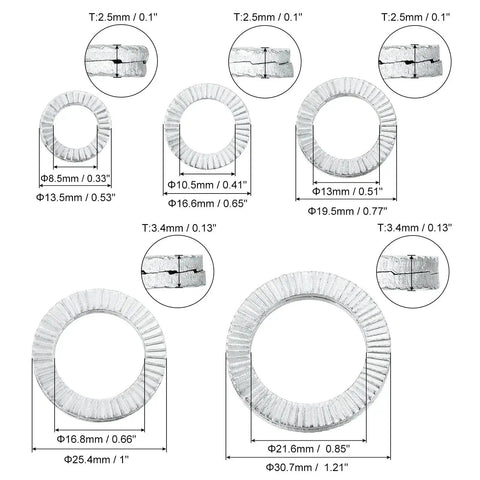 Size variations of Vibration Resistant Wedge Locking Washers For M8 To M20 Bolts 90 Pcs Mn Steel showing dimensions.
