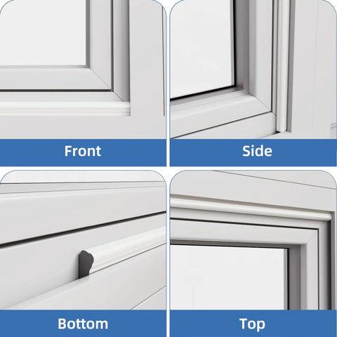 Kneelisa wedge-shaped window weather stripping on a white door frame; foam seal, four-angle view (front, side, bottom, top).