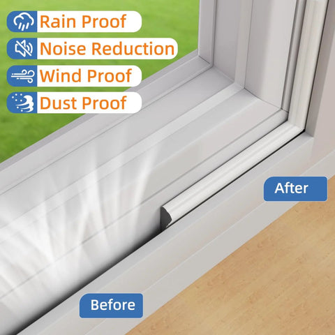 Kneelisa wedge-shaped window weather stripping seal on a white frame, shown before and after installation.