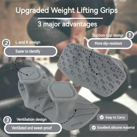 Upgraded Weight Lifting Grips For Men And Women Extra Large Thick Non Slip Gym Gloves with suction cups, showing ergonomic design.