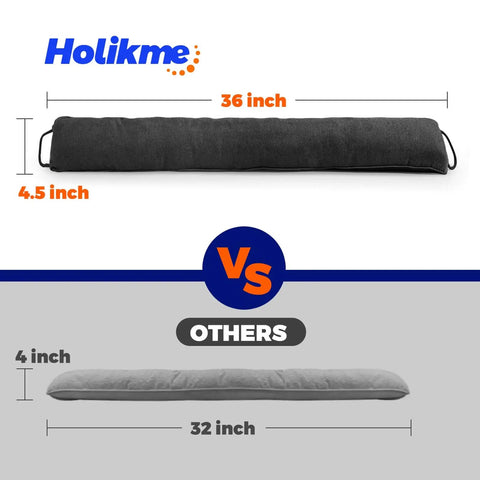 Comparison of weighted door draft stopper, 36 inch heavy duty under door blocker with hook and loop fastening, and 4.5 inch wide bottom door seal versus standard model.