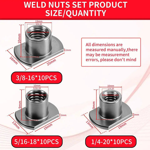 30 Pcs Weld Nuts Set T Shaped Weld Nuts Kit Three Eighths Inch Five Sixteenths Inch One Quarter Inch Tab Base UNC Carbon Steel