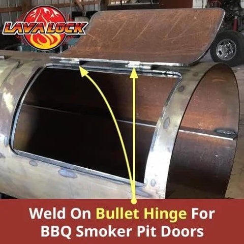 Open BBQ smoker showcasing installed 3 Inch Steel Weld On Bullet Hinge With Zerk Grease Fitting And Brass Bushing 2 Pack Heavy Duty Hinge.
