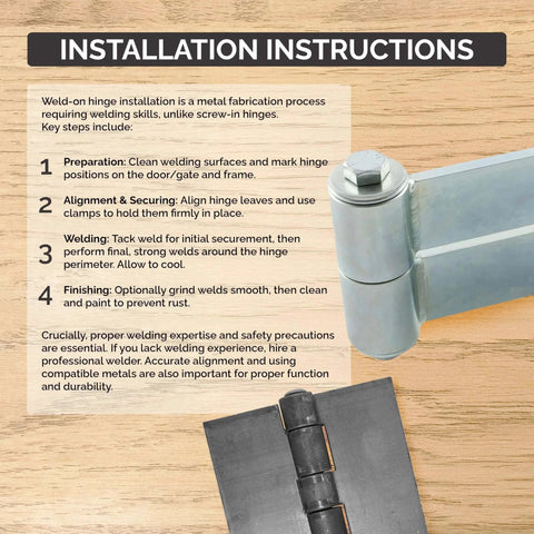 Installation instructions for Hinge Outlet Weld On Hinge Extra Heavy Duty Steel, 2 Pack (6 Inch) with illustrated hinge.