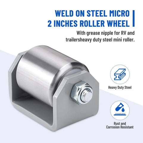 Weld on steel micro 2 inches roller wheel with grease nipple, ideal for RV and trailers, showing heavy duty steel and rust resistance.