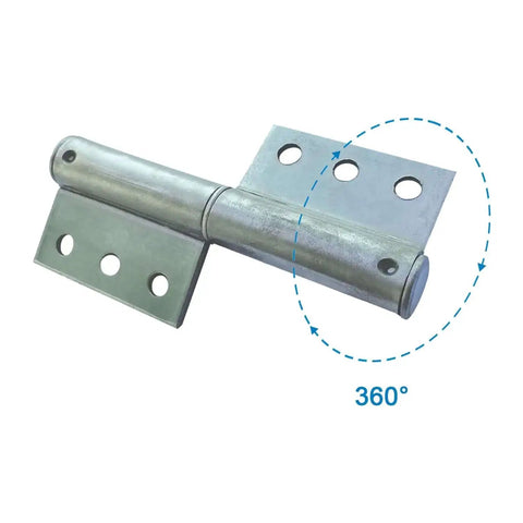 Close-up of Six Pack Weldable Lift Off Flag Hinges showing 360° rotation and pre-punched holes for doors and trailer ramps.