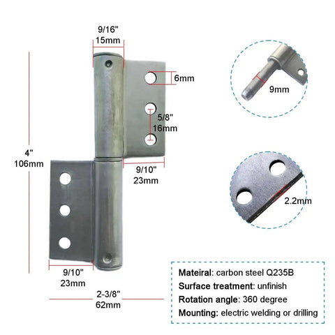 Diagram of six pack weldable lift off flag hinge, heavy duty steel, 4x1.5 inch size with 2.2mm thickness and 9mm pin, for doors and ramps.