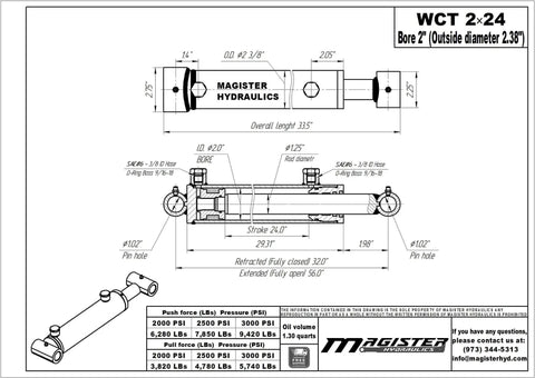 Engineering diagram of Direct From Manufacturer 2 Inch Bore 24 Inch Stroke Welded Heavy Duty Hydraulic Cylinder With Cross Tube Ends Double Acting Piston 3500 PSI Rating 8400 Lb Load SAE 6 Ports Universal Hydraulic Ram Magister.