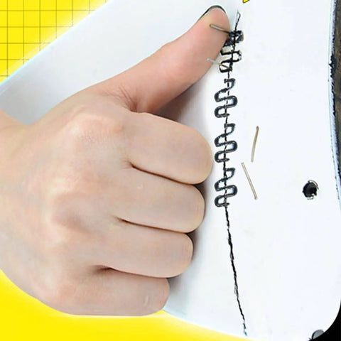 Thumb holding repaired plastic piece with 1000Pcs WaveShape Hot Staples for plastic welding 0.8mm and 0.6mm sizes in automotive repair