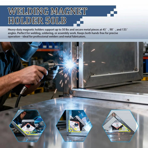 Welding professional using 50LB magnet, showcasing Comprehensive 22 Piece Welding Accessories Kit With Heavy Duty Chipping Hammer