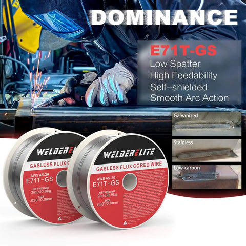 Welder using Ready To Weld 0.030 Inch Gasless Flux Core MIG Wire, 2 Pack 2lb Each for galvanized, stainless, and mild steel projects.