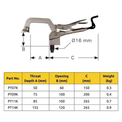 Heavy Duty Five Eighths Inch Insert Table Mounted Clamp With Rear Crank Handle For BuildPro Welding Tables diagram and specs