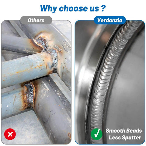 Comparison of weld beads, left showing rough welds by others, right showing smooth welds with ER308L Stainless Steel TIG Welding Rods 1 Sixteenth Inch by 16 Inch, 30 Piece Pack, Low Spatter and Corrosion Resistant Filler Rods for TIG Welding, Pro Grade for Professionals and DIY Enthusiasts.
