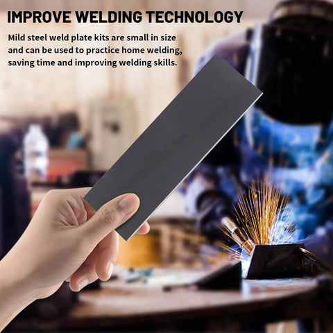 Person holding a welding coupon, 5Pcs 2x6 Inch Welding Coupons Kit For MIG TIG Arc Weld Training And Practice One Eighth Inch Thick Mild Steel Plates 11 Gauge Coupons For DIY Welding Projects Glarks 5 Piece Dope Set.