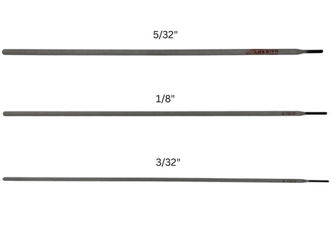 Three sizes of welding electrodes including the 50 Lb E7018 One Eighth Inch Welding Electrodes For Mild Steel Stick Welding Rods In Steel Can