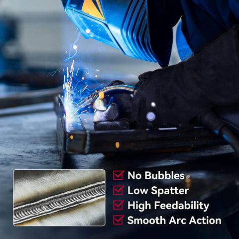 Welder using Low Splatter.035 Flux Core MIG Wire E71T-GS, showing smooth arc and weld quality features, mild carbon steel