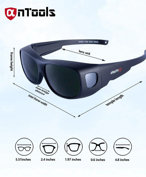 Wraparound Welding Glasses With UV Protection And Anti Scratch Lens ANSI OSHA dimensions and side view illustration