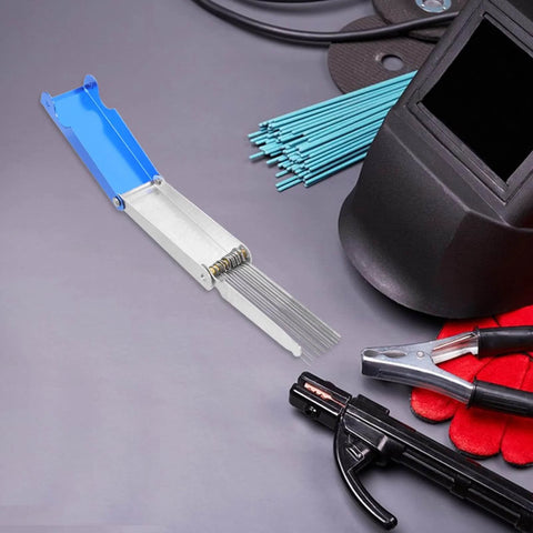 Stainless Steel Welding Nozzle Tip Cleaner Kit 13 Piece High Temp Resistant Torch Cleaning Set For Gas Welding Arc Welding Outdoor Repairs And Essential Welding Gear with protective welding helmet and tools on a workspace.