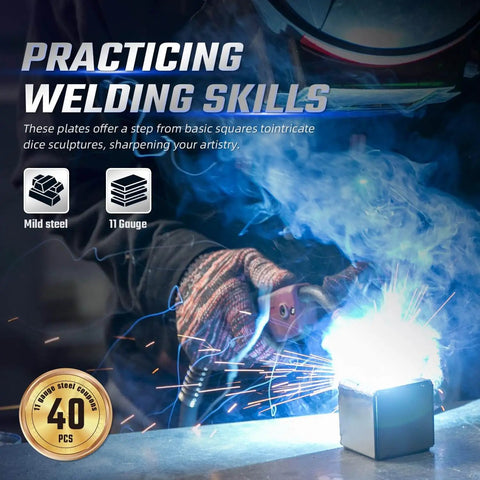Practicing welding skills with 40-Piece Welding Practice Kit With 11 Gauge Premium Mild Steel Coupons and magnet, creating sparks