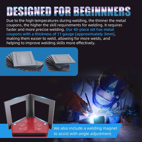Image of 40-Piece Welding Practice Kit With 11 Gauge Premium Mild Steel Coupons, showing steel plates and handy welding magnet.
