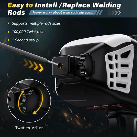 Close-up of Portable 110V Arc Welder With IGBT Inverter showing rod installation and adjustment features