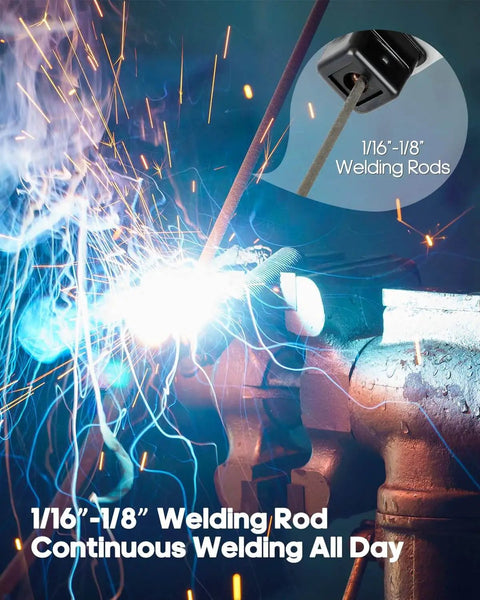 Portable Handheld Welder Inverter 110V with IGBT Tech in use with 1/16 inch welding rods producing blue sparks during welding
