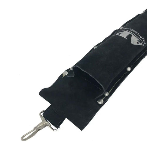 Close-up of black Split Cowhide Leather Welding Rod Bag with Flame Resistant Electrode Pouch, 3.5x14 inch, lightweight design.