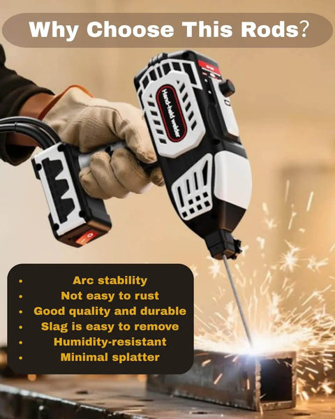 Person welding metal with E6013 3/32 Inch Carbon Steel Welding Rod, sparks flying, features list overlay.