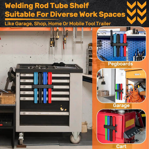 4 Slot TIG Welding Rod Holder Storage Rack attached to tool carts, pegboards, and garage walls, organizing filler rod tubes neatly.