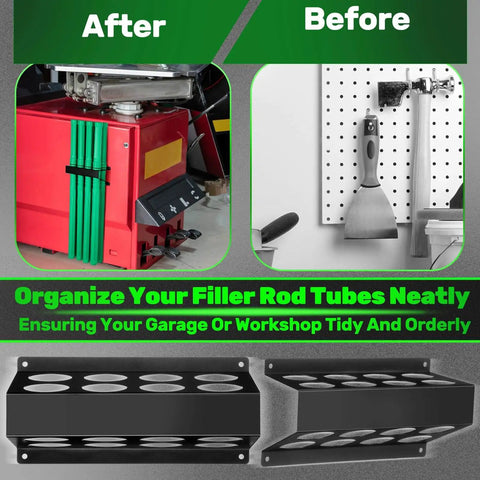 Before and after of Welding Rod Storage Set With 8 Slot TIG Rod Rack And 8 40 Inch Tungsten Electrode Tubes Wall Mount Organizer