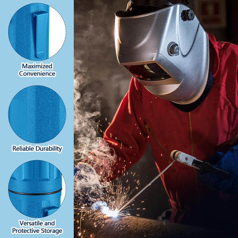 Welder using welding rod, side view of Two Pack 14 Inch Welding Rod Storage Tubes Set For Easy Organization By Zonon, close-up of blue canisters