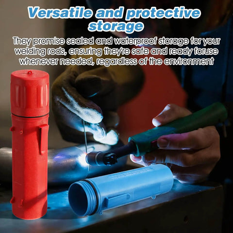 Person using welding tool near red and blue 2 Pcs Welding Rod Storage Tube 14 Inch Airproof Waterproof Electrode Sticks Container.